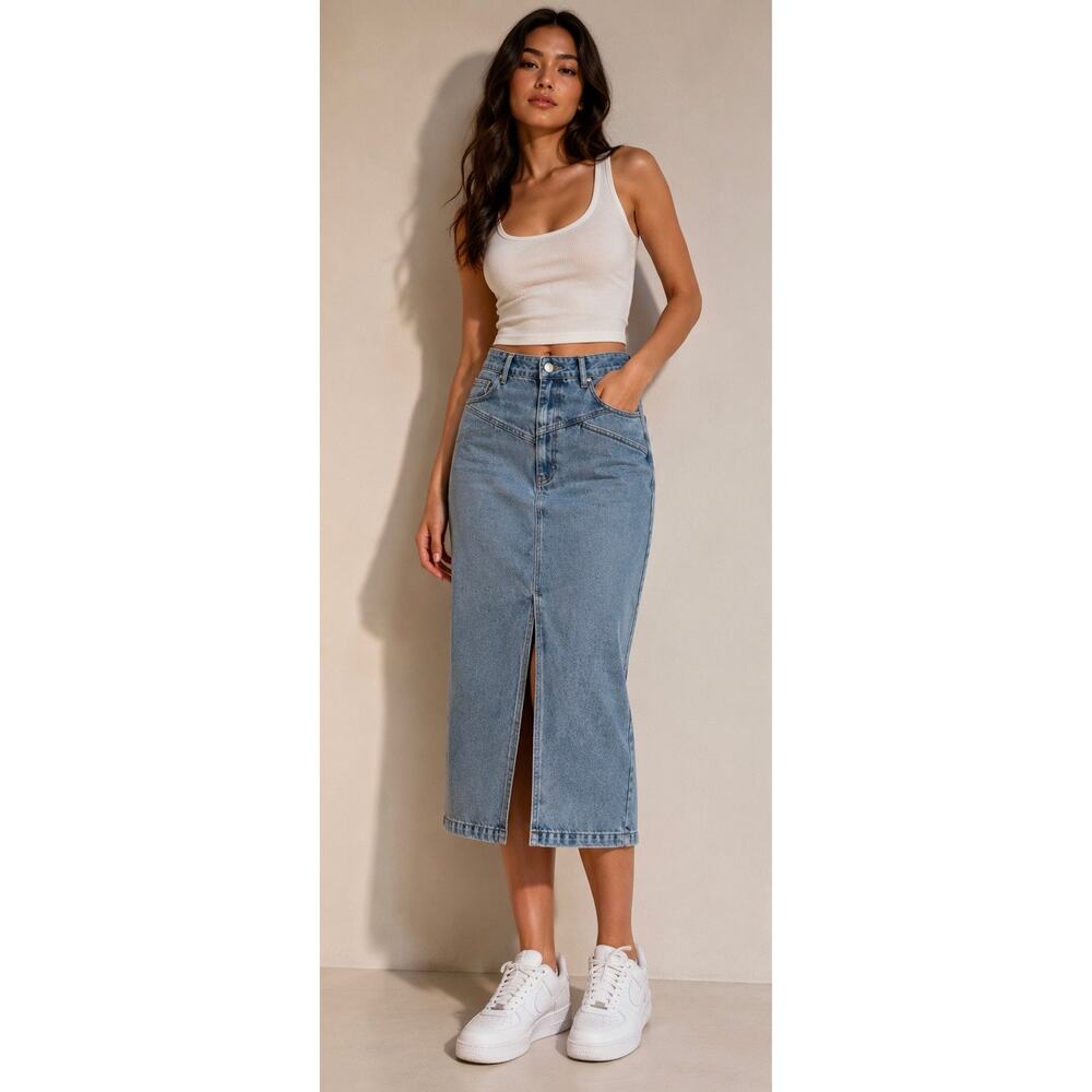 Seraphina Denim Midi Long Skirt Front Button Yoke Seam Slit Medim Wash SMALL NEW